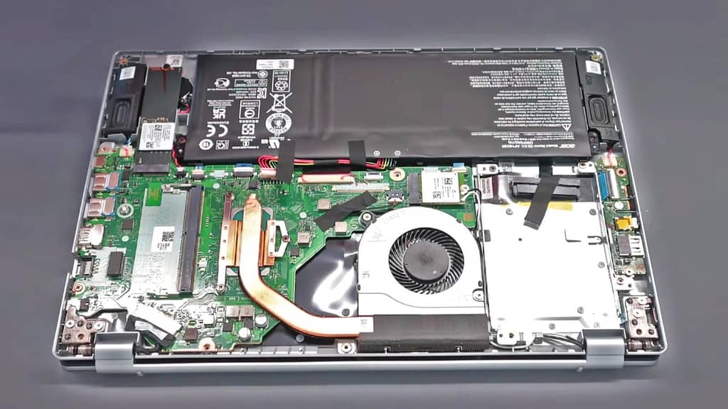 open laptop - repairs inside with components