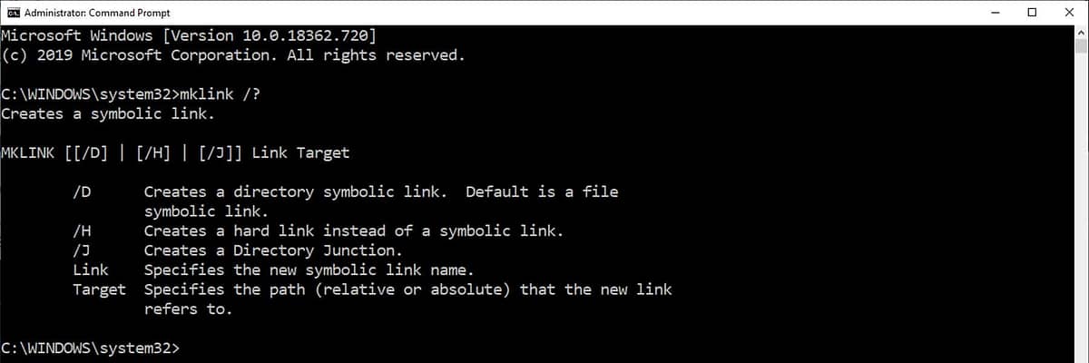 Administrative command prompt (cmd) & mklink command