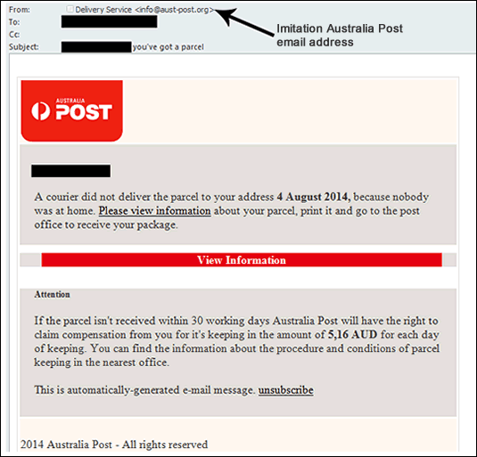 Australia Post scam email - phishing